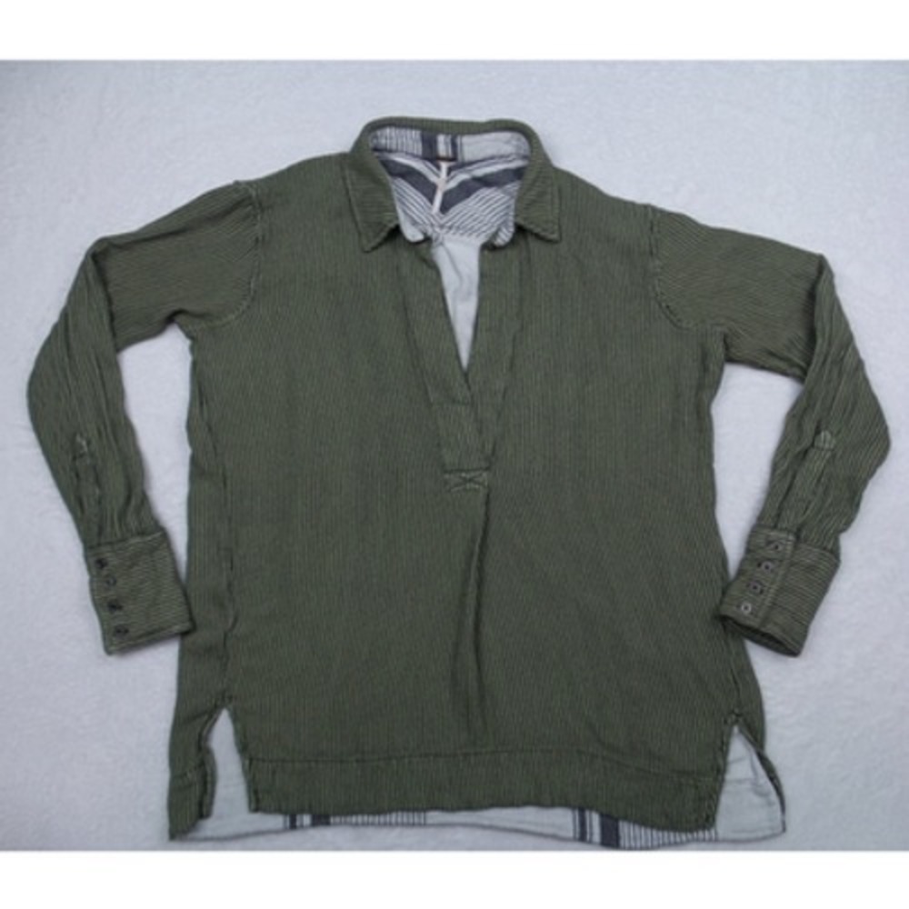 Free People Top Womens Size Small Green Striped On the Road Long Sleeve